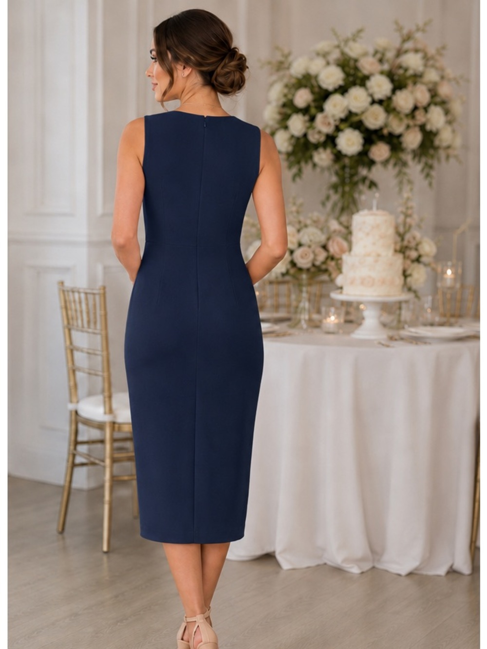 Jessica Howard Navy Sleeveless Midi Dress with Ruffle and Brooch - Picture 5 of 8